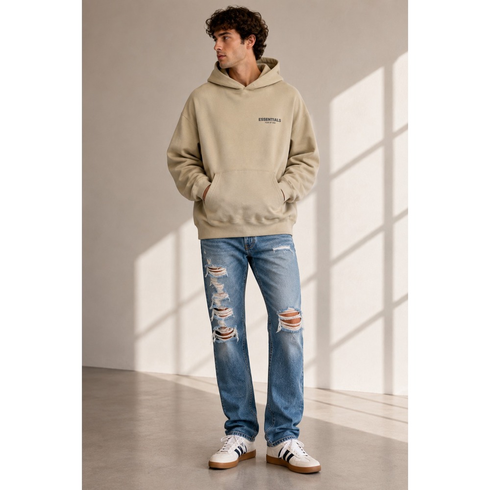 Fear of God Essentials Hoodie Mens M Beige Cotton Blend Logo Pullover Streetwear